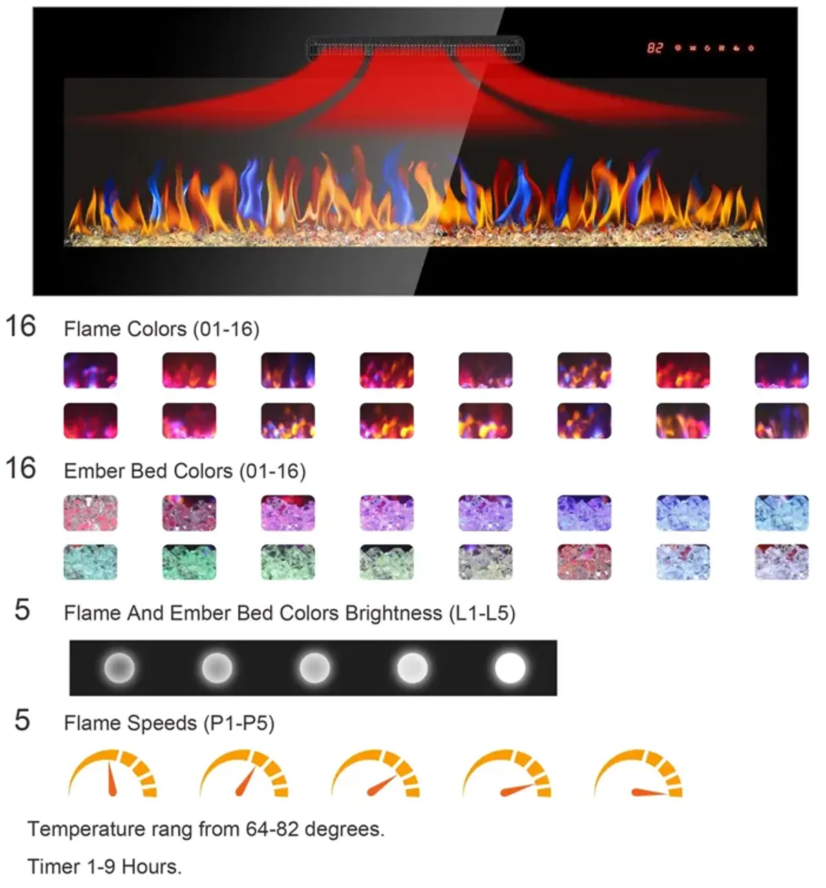 MONDAWE 36 Inch Recessed Ultra Thin Tempered Glass Front Wall Mounted Electric Fireplace With Remote And Multi Color Flame & Emberbed, LED Light Heater