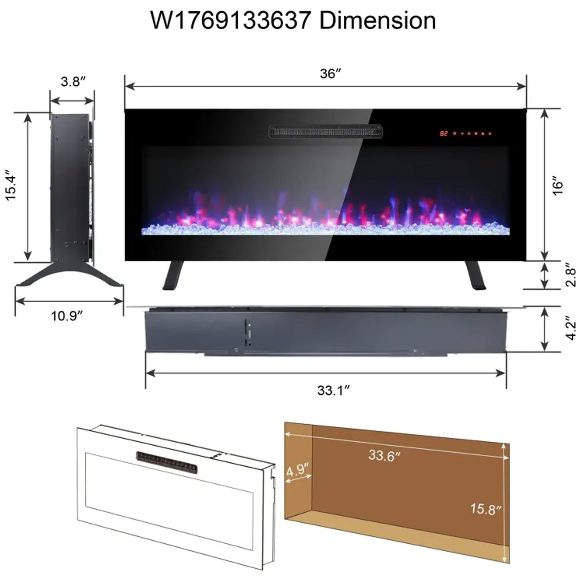 MONDAWE 36 Inch Recessed Ultra Thin Tempered Glass Front Wall Mounted Electric Fireplace With Remote And Multi Color Flame & Emberbed, LED Light Heater