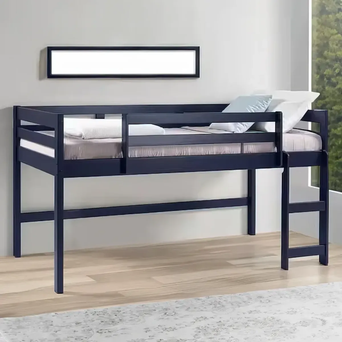 Twin Loft Bed with Wooden Frame and Reversible Ladder, Blue-Benzara