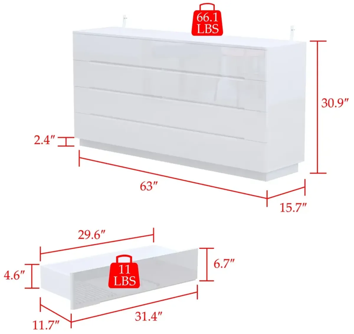 High Gloss White Wood 8-Drawer Chest of Drawers Storage Organizer With LED Lights (63 in. W x 30.9 in. H x 15.7 in. D)