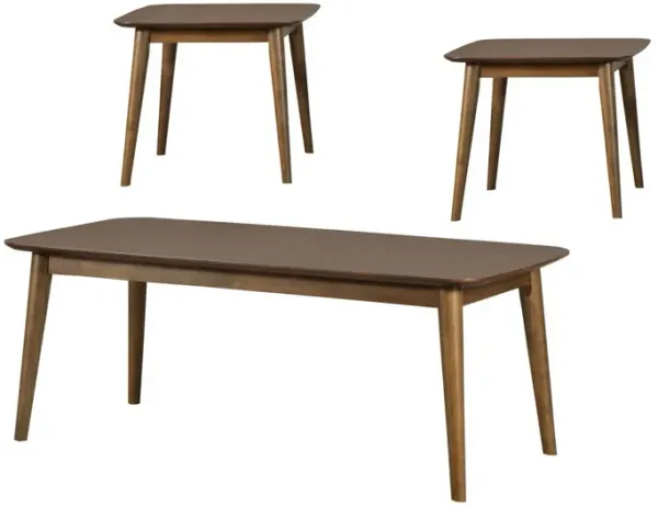 3 Piece Rectangular Coffee and Square End Table Set, Rich Walnut Brown Wood-Benzara