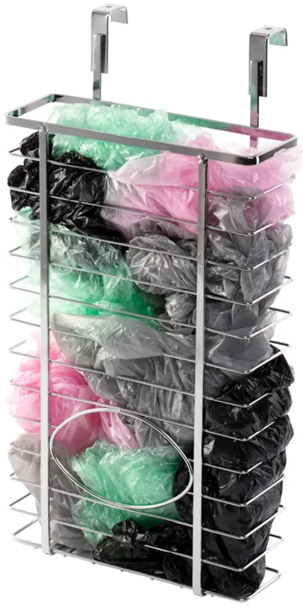 Durable Chrome Metal Grocery Bag Holder – Multi-Functional Over-the-Cabinet and Over-the-Door Organizer for Maximizing Kitchen Storage, Ideal for Neatly Storing and Recycling Plastic Bags with Ease