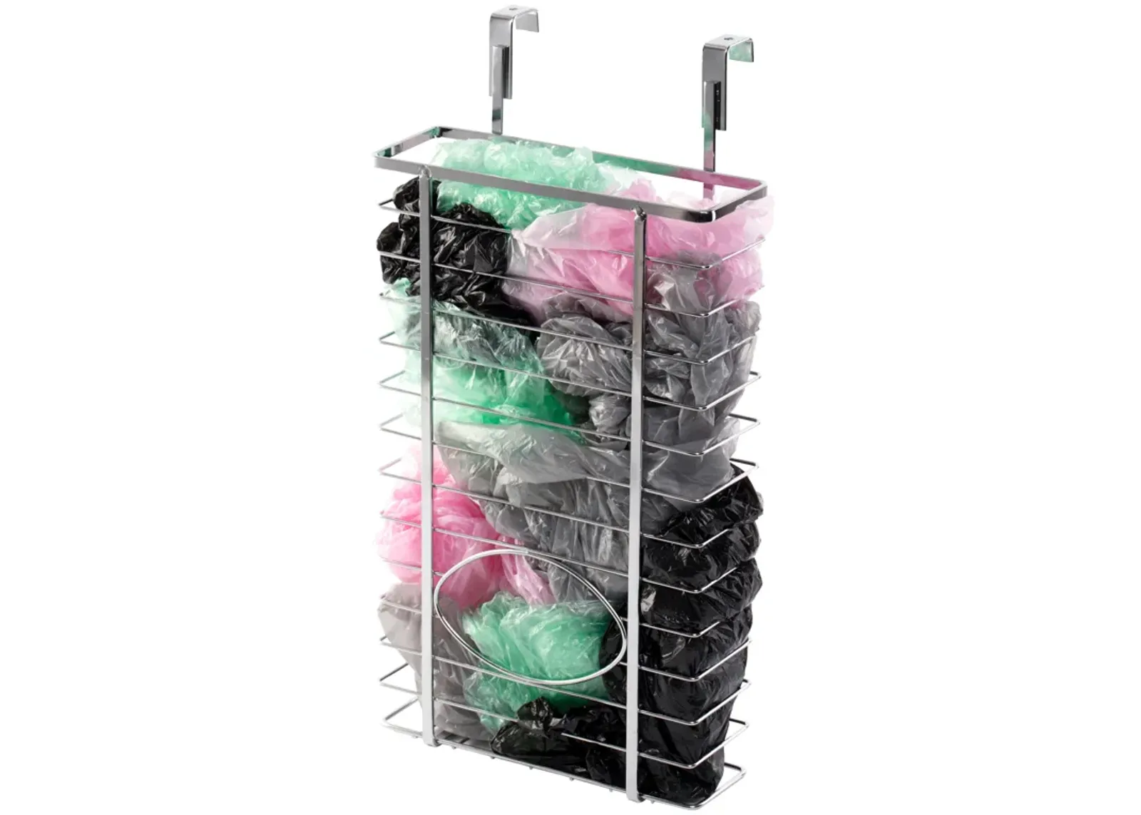 Durable Chrome Metal Grocery Bag Holder – Multi-Functional Over-the-Cabinet and Over-the-Door Organizer for Maximizing Kitchen Storage, Ideal for Neatly Storing and Recycling Plastic Bags with Ease