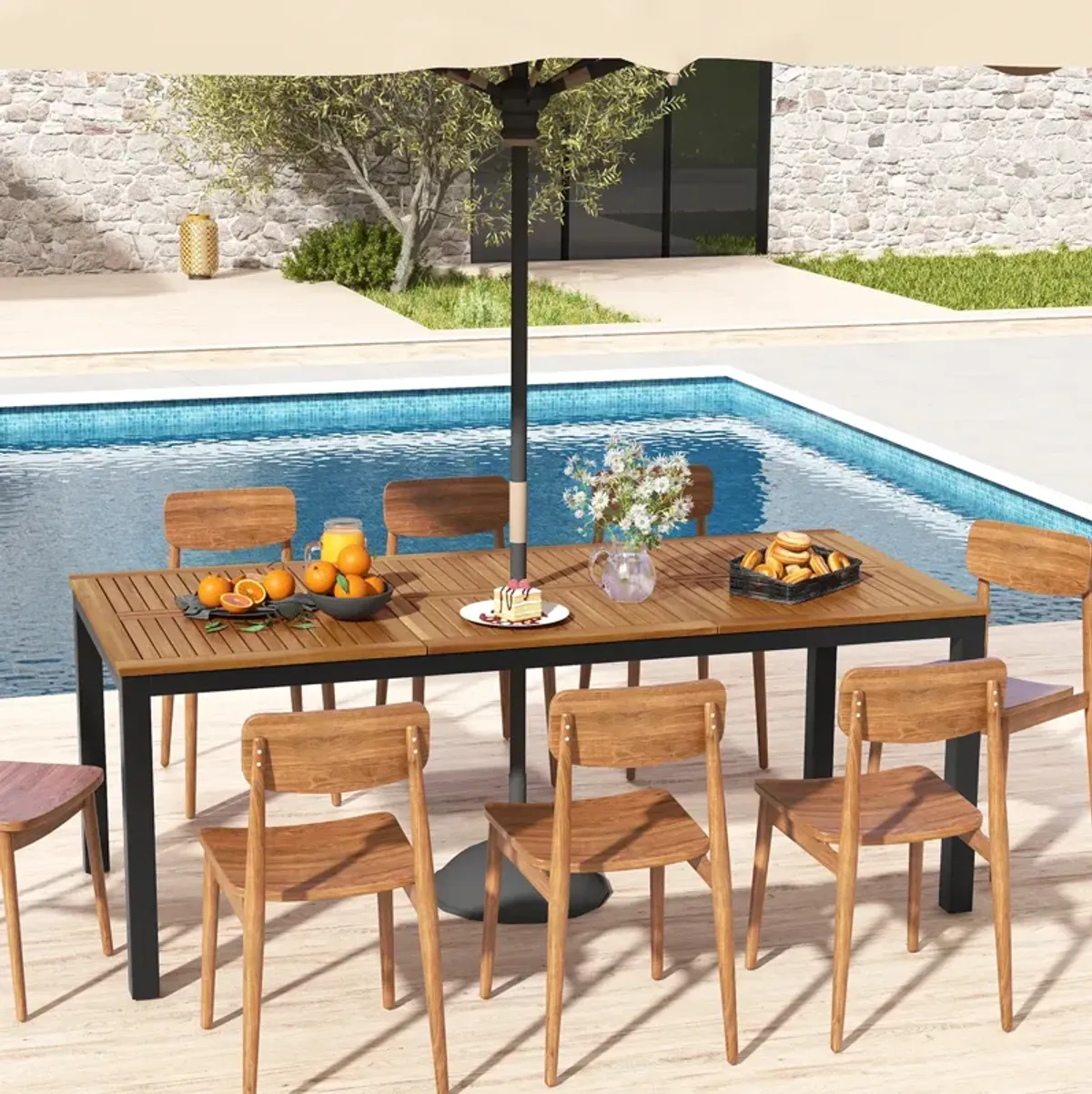 8-Person Outdoor Dining Table 79 Inch Acacia Wood Patio Table with Umbrella Hole