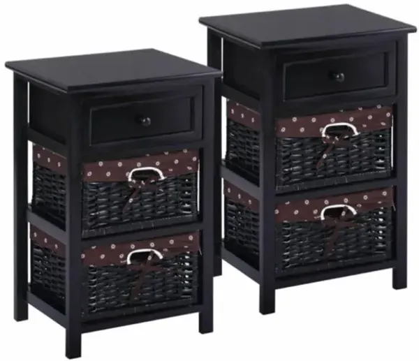 Hivvago 3 Tier Set of 2 Wood Nightstand with 1 and 2 Drawer -Black