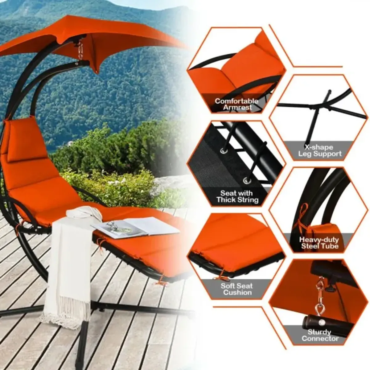 Hivvago Hanging Stand Chaise Lounger Swing Chair with Pillow