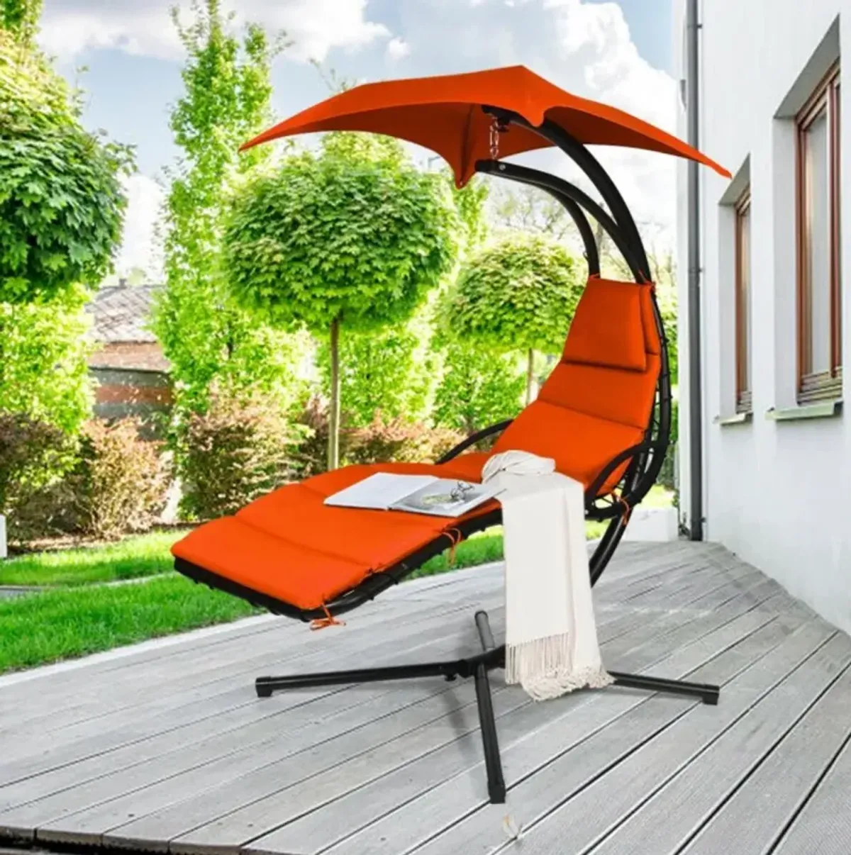 Hivvago Hanging Stand Chaise Lounger Swing Chair with Pillow