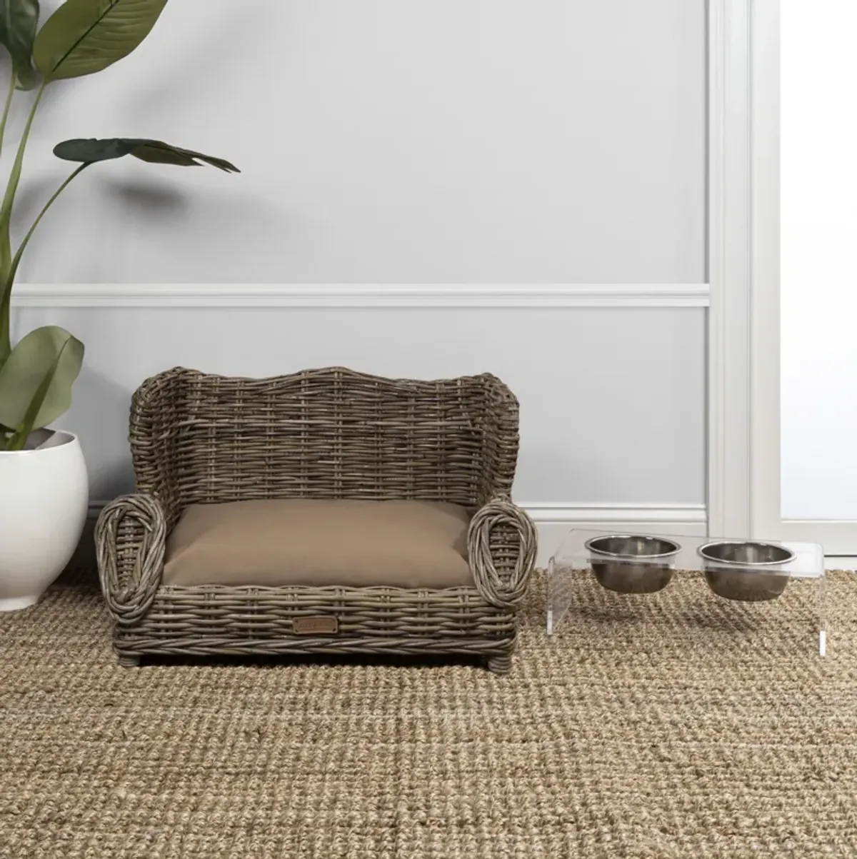 Classic Mediterranean Handwoven Rattan Dog Daybed with Machine-Washable Cushion