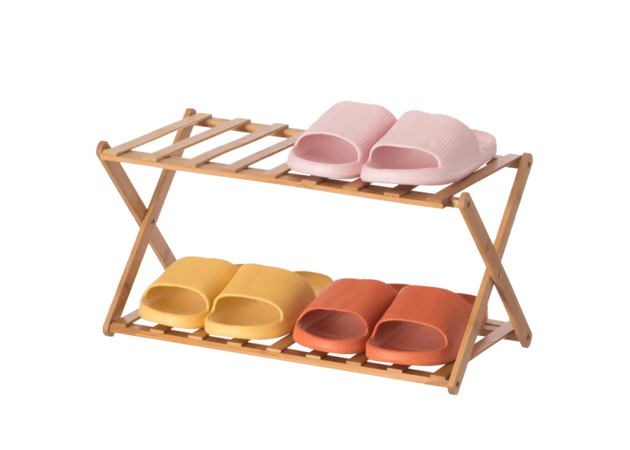 Bamboo Foldable Shoe Rack, Free Standing Shoe Organizer Storage Rack, 2 Tier