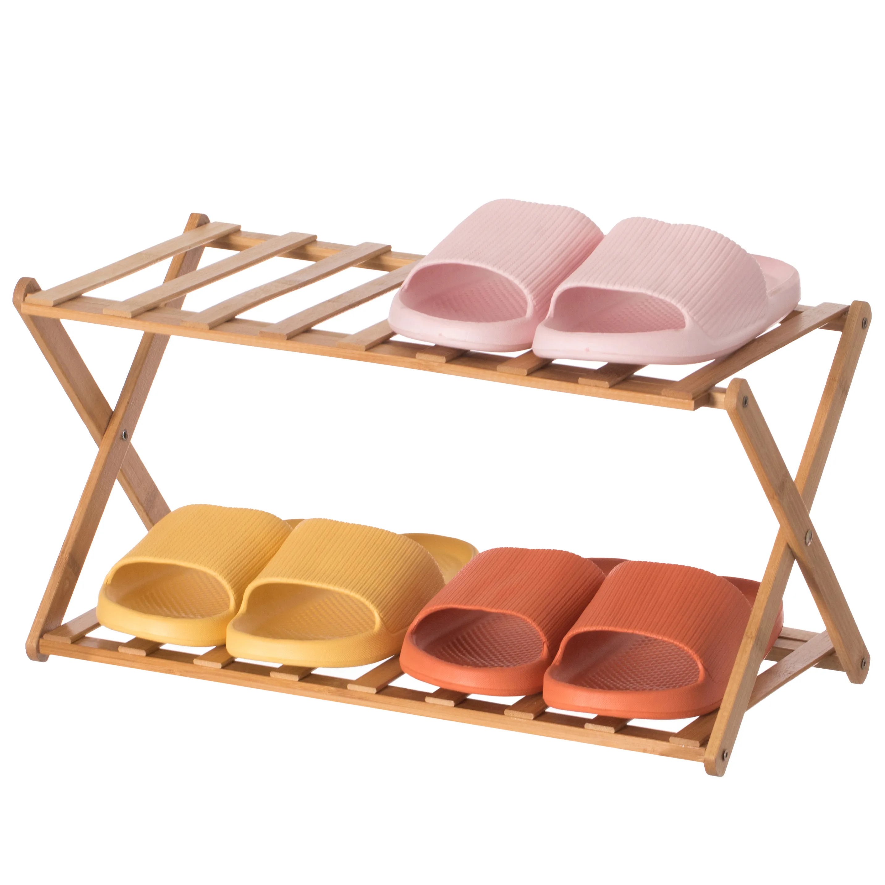 Bamboo Foldable Shoe Rack, Free Standing Shoe Organizer Storage Rack, 2 Tier