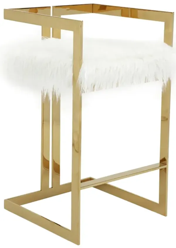 Suki 30 Inch Barstool Chair, White Faux Fur Seat, Stainless Steel, Gold - Benzara