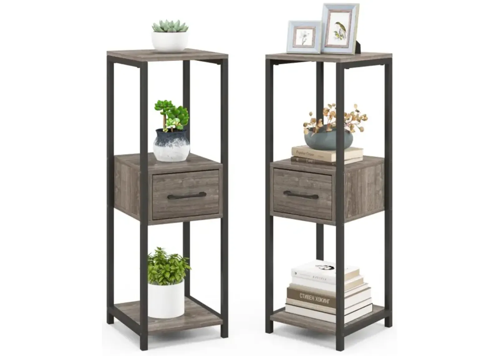 Hivvago 2 Pack 3 Tier Tall Metal Plant Stand with Drawer and Display Shelf