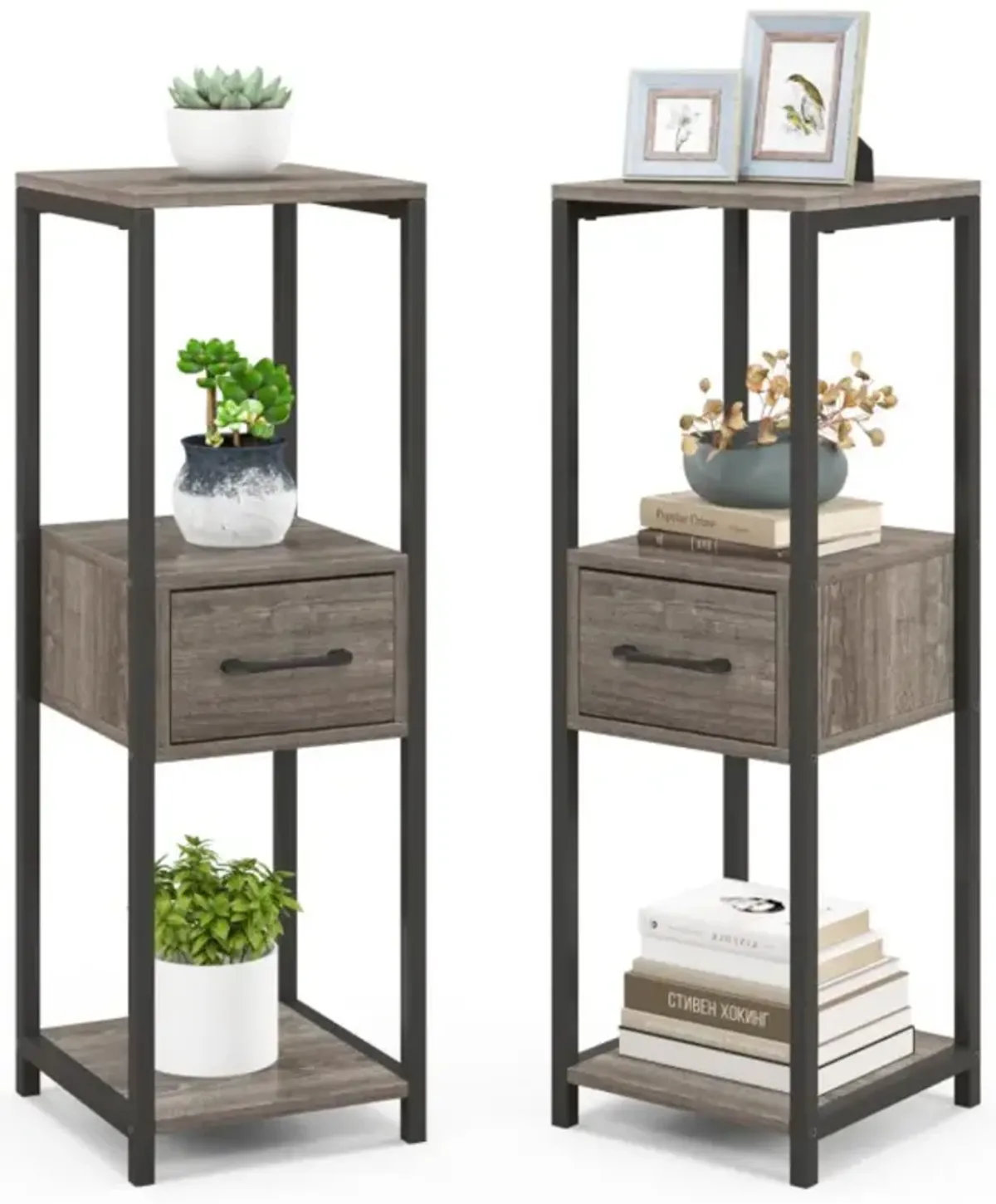 Hivvago 2 Pack 3 Tier Tall Metal Plant Stand with Drawer and Display Shelf