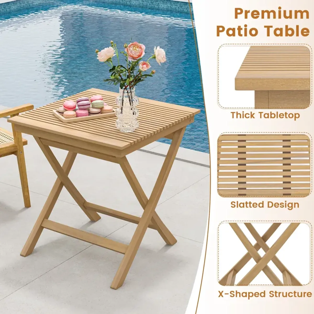 27.5 Inch Indonesia Teak Patio Bistro Table with Slatted Tabletop and Sturdy Wood Frame