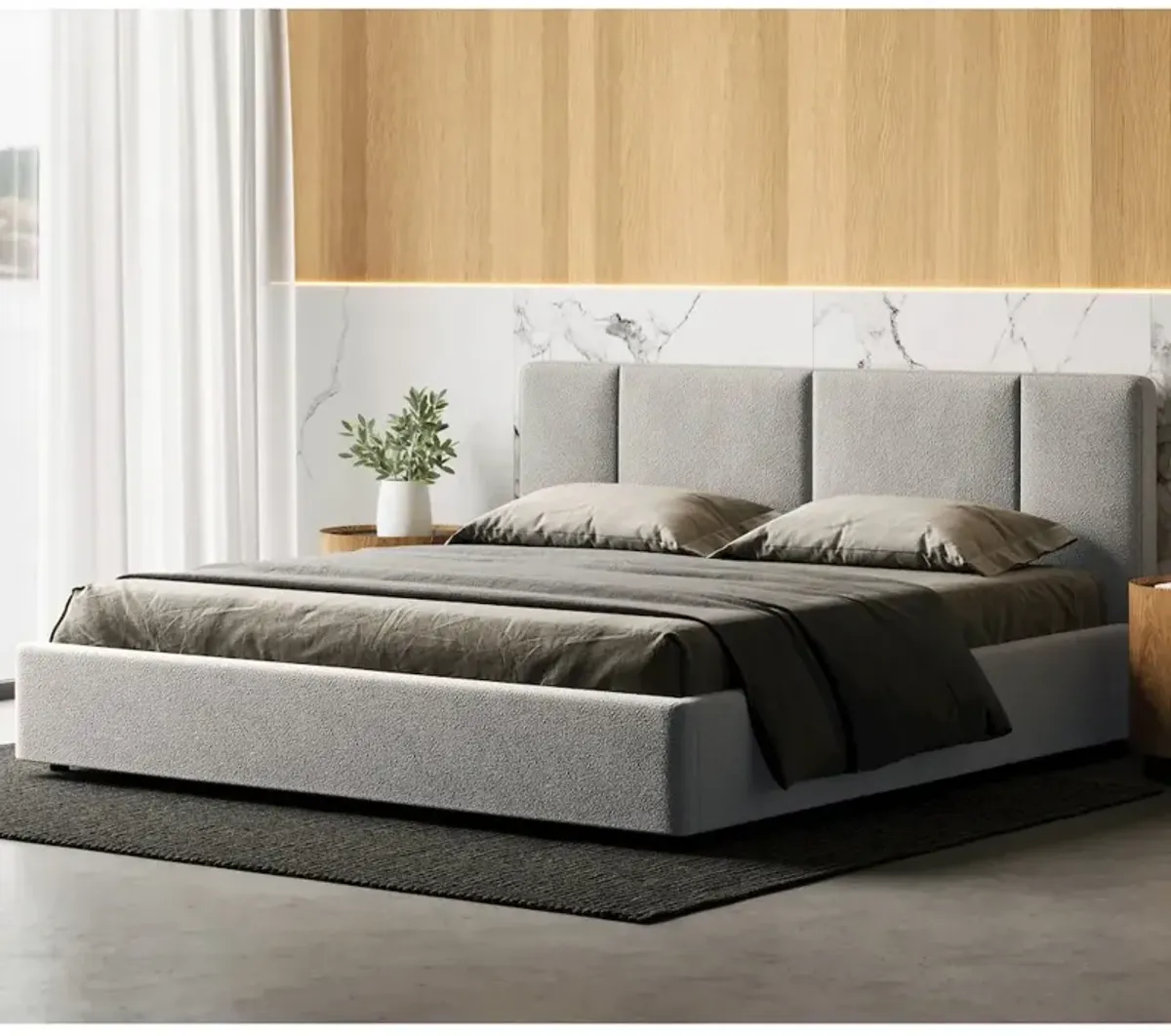 Omax Decor Venice Upholstered Platform King Bed in Gray Boucle Fabric