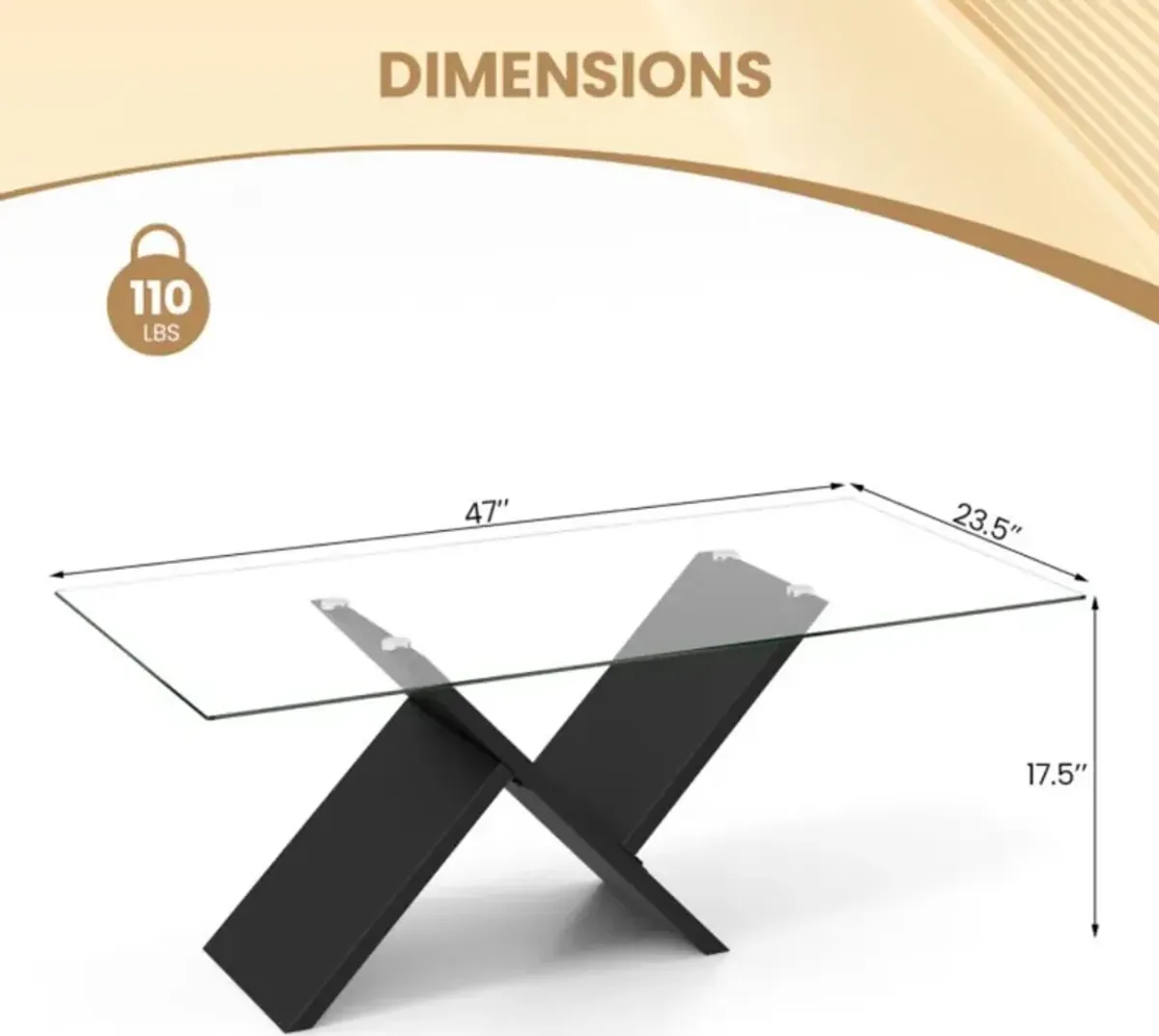 Hivvago 47 Inch Rectangle Glass Coffee Table Modern Center Table with Tempered Glass Tabletop