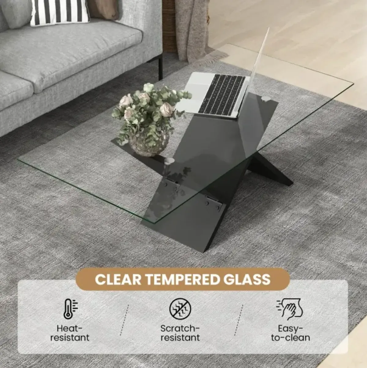 Hivvago 47 Inch Rectangle Glass Coffee Table Modern Center Table with Tempered Glass Tabletop