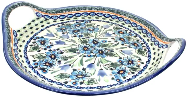 Blue Rose Polish Pottery Blue Tulip Round Serving Tray with Handles