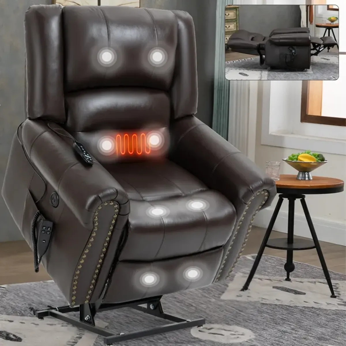 Mondawe Power Lift Recliner Chair Heat Massage Dual Motor Infinite Position Up to 350 LBS, Genuine Leather, Heavy Duty Motion Mechanism with USB Ports