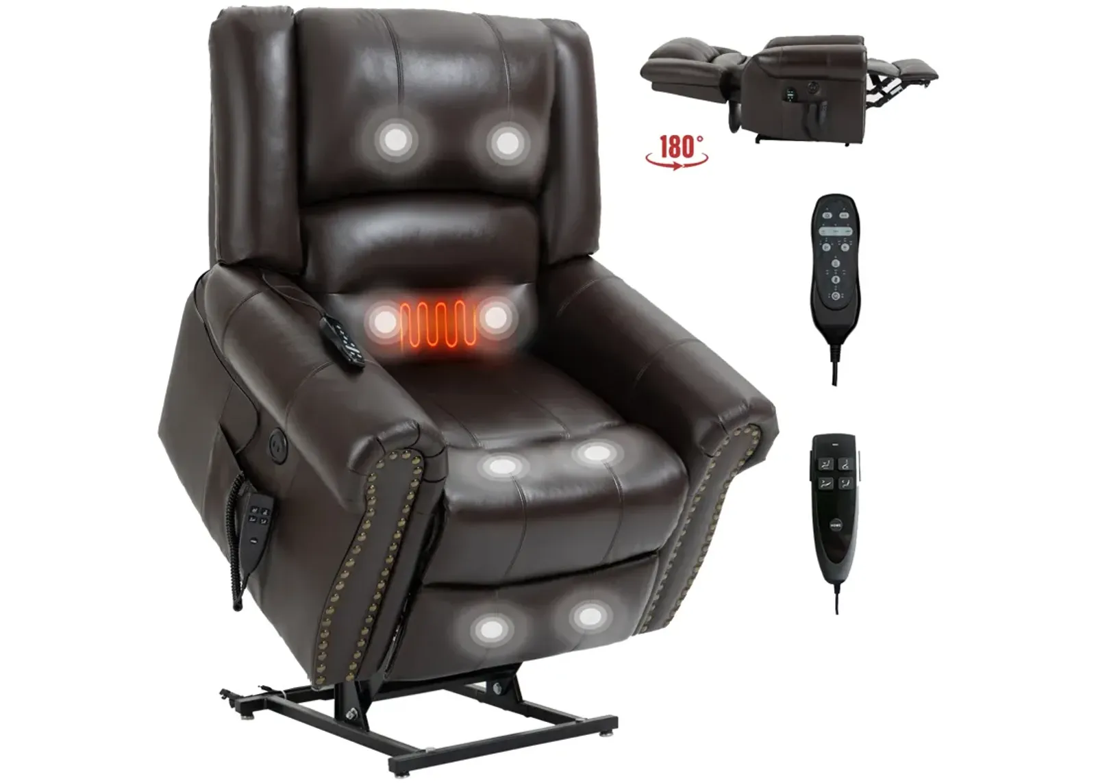 Mondawe Power Lift Recliner Chair Heat Massage Dual Motor Infinite Position Up to 350 LBS, Genuine Leather, Heavy Duty Motion Mechanism with USB Ports