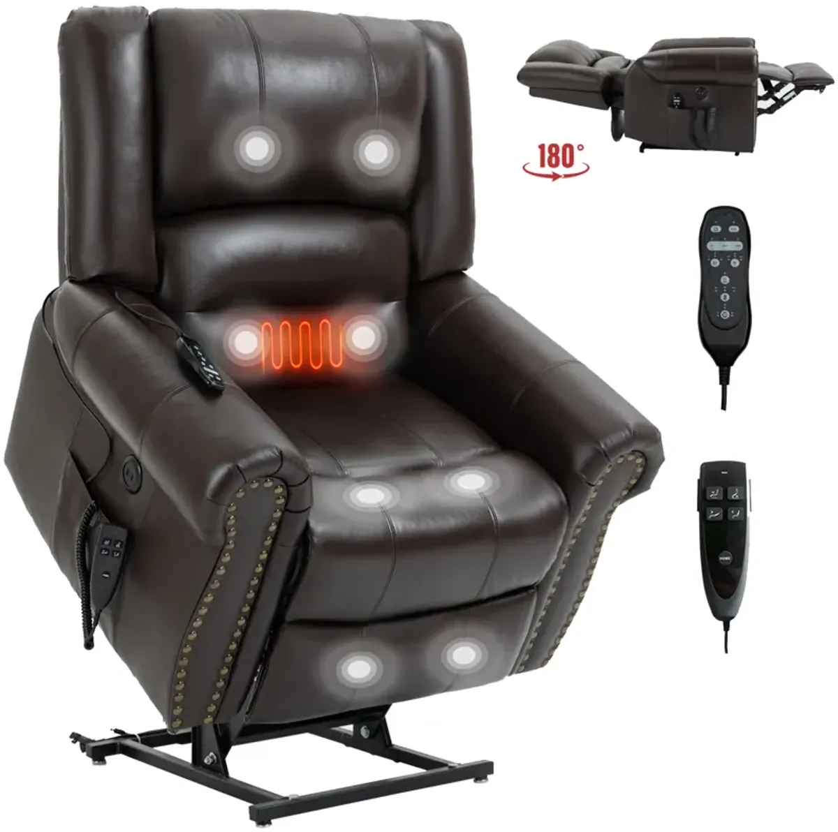 Mondawe Power Lift Recliner Chair Heat Massage Dual Motor Infinite Position Up to 350 LBS, Genuine Leather, Heavy Duty Motion Mechanism with USB Ports