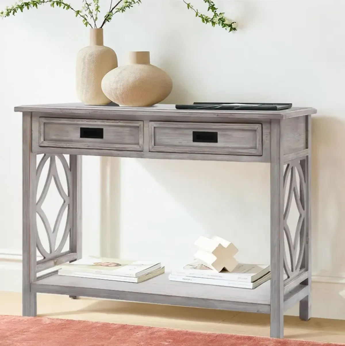 LuxenHome Gray Wood 2-Drawer 1-Shelf Console and Entry Table