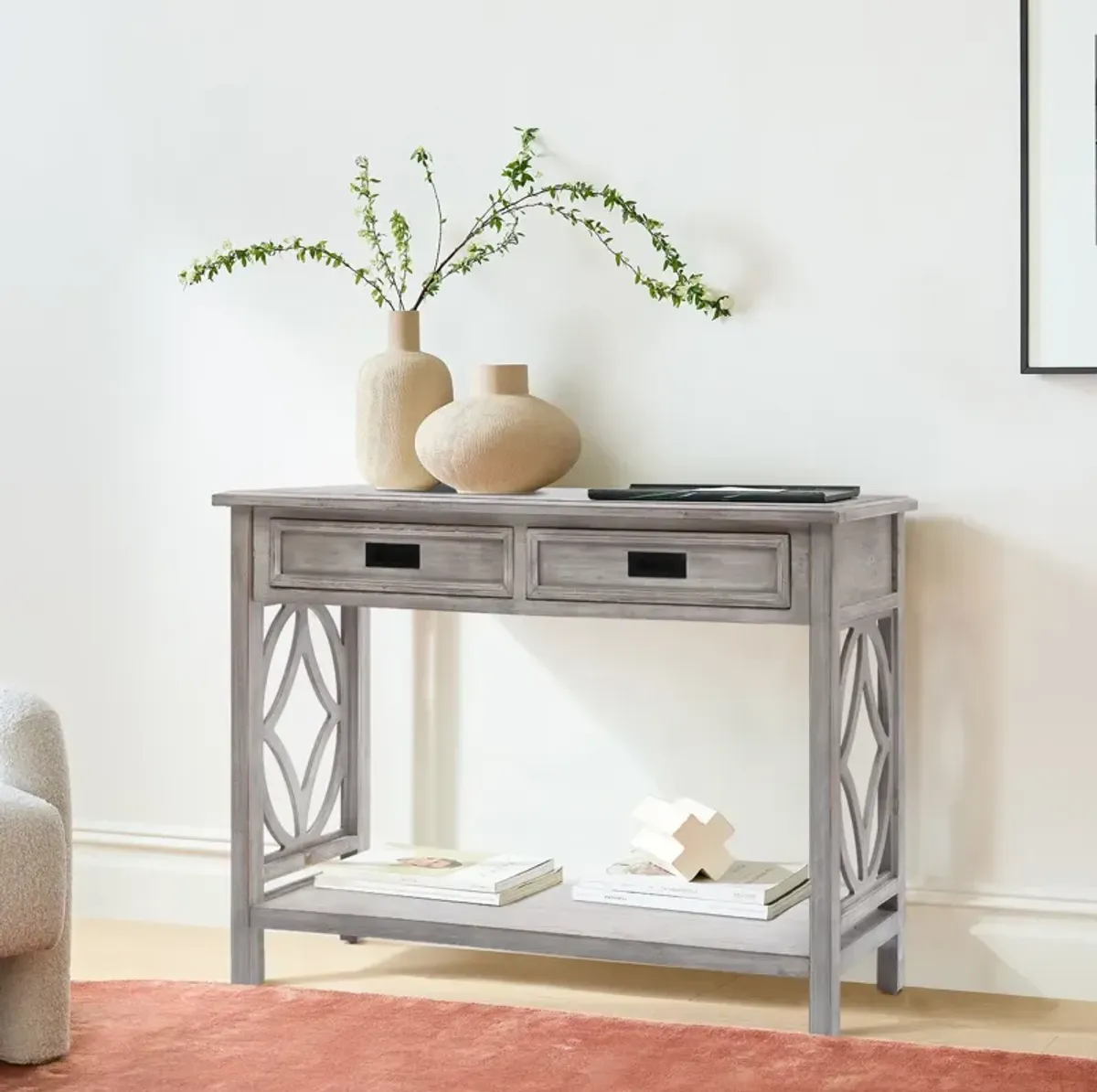 LuxenHome Gray Wood 2-Drawer 1-Shelf Console and Entry Table