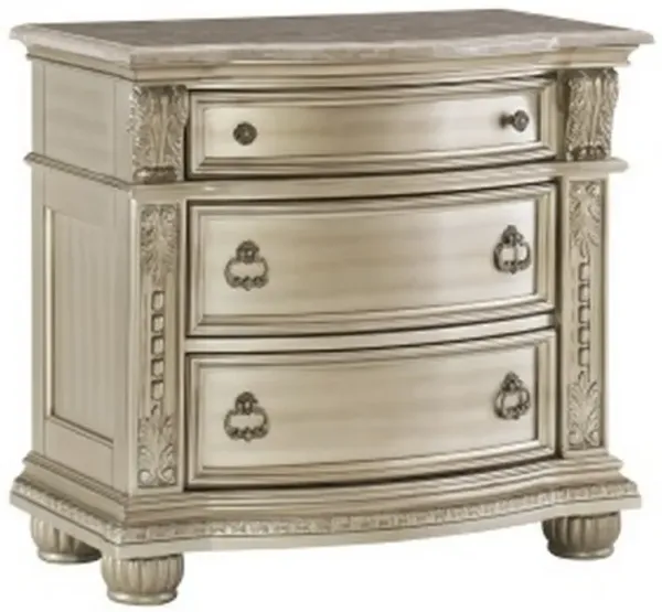 Caitlin 35 Inch 3 Drawer Nightstand with Marble Top, Leaf Carvings, Silver - Benzara