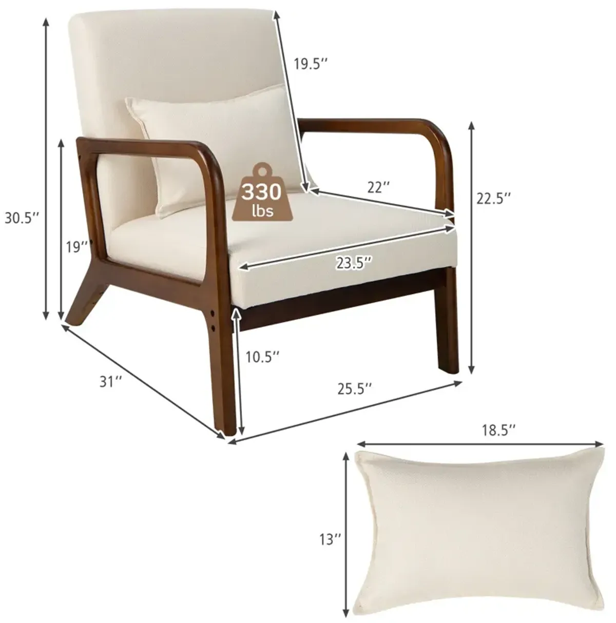 Modern Accent Chair with Rubber Wood Frame and Lumbar Pillow