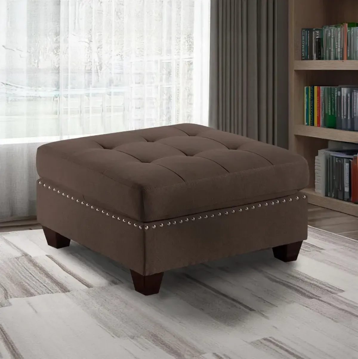 Pali 32 Inch Modern Square Ottoman, Foam Tufted Seat, Brown Linen Fabric-Benzara