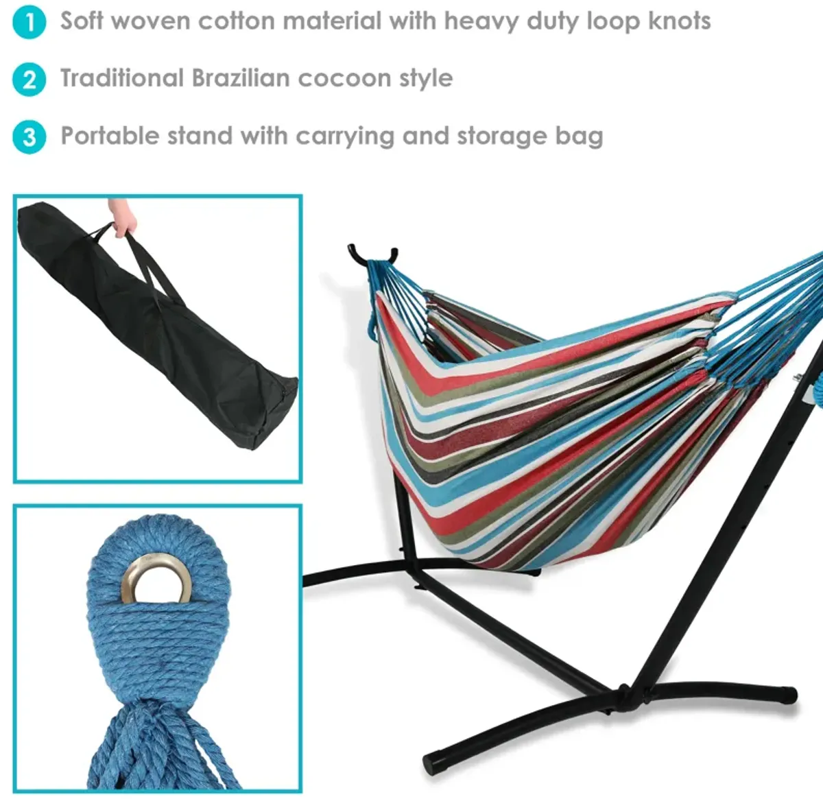 Sunnydaze Large Cotton Hammock with Steel Stand and Carrying Case