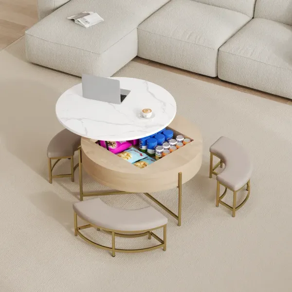 Merax Modern Round Lift-Top Coffee Table with Storage & 3 Ottomans - Multifunctional Cocktail Ottoman Set for Living Room