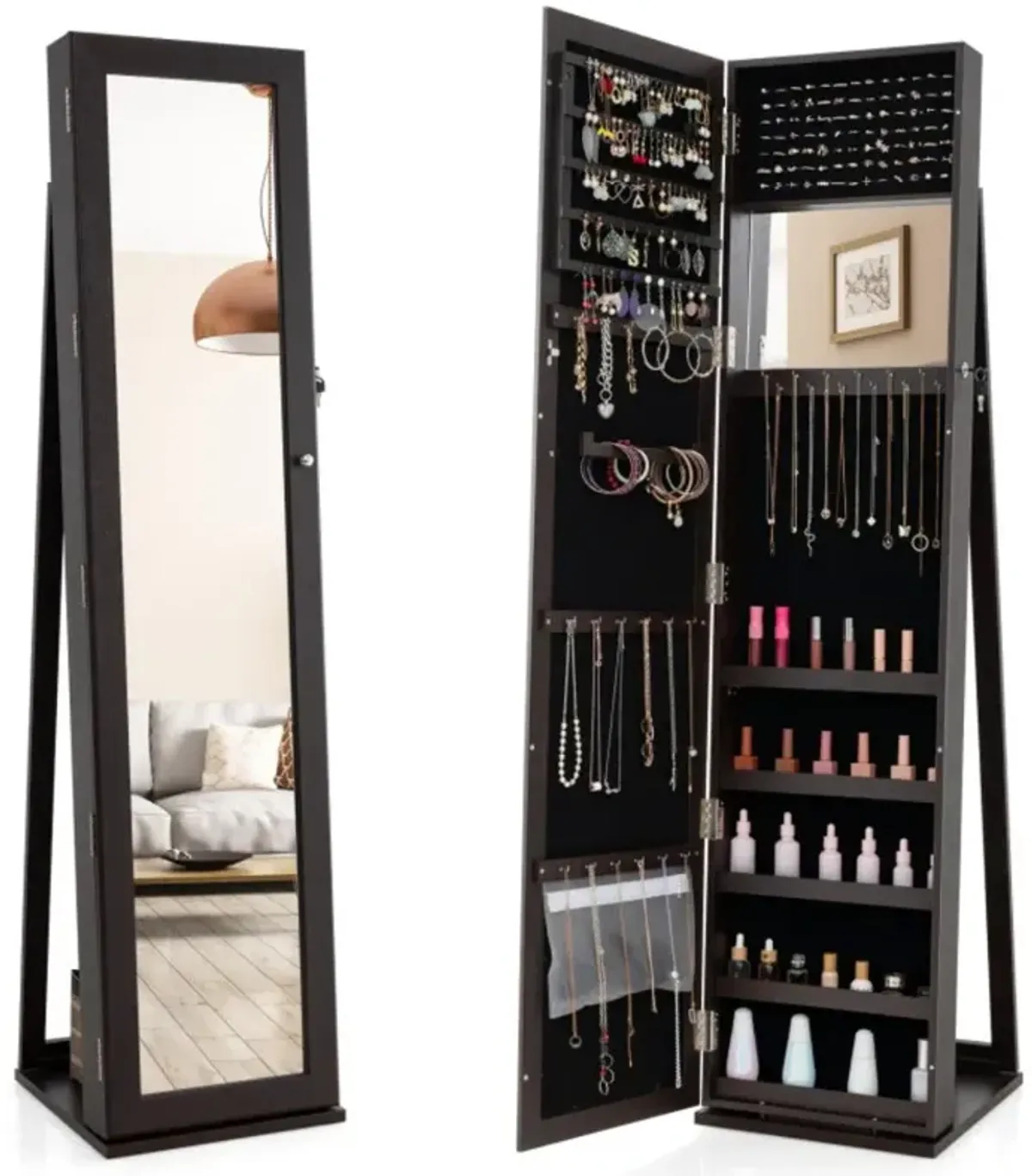 Hivvago Standing Lockable Jewelry Storage Organizer with Full-Length Mirror