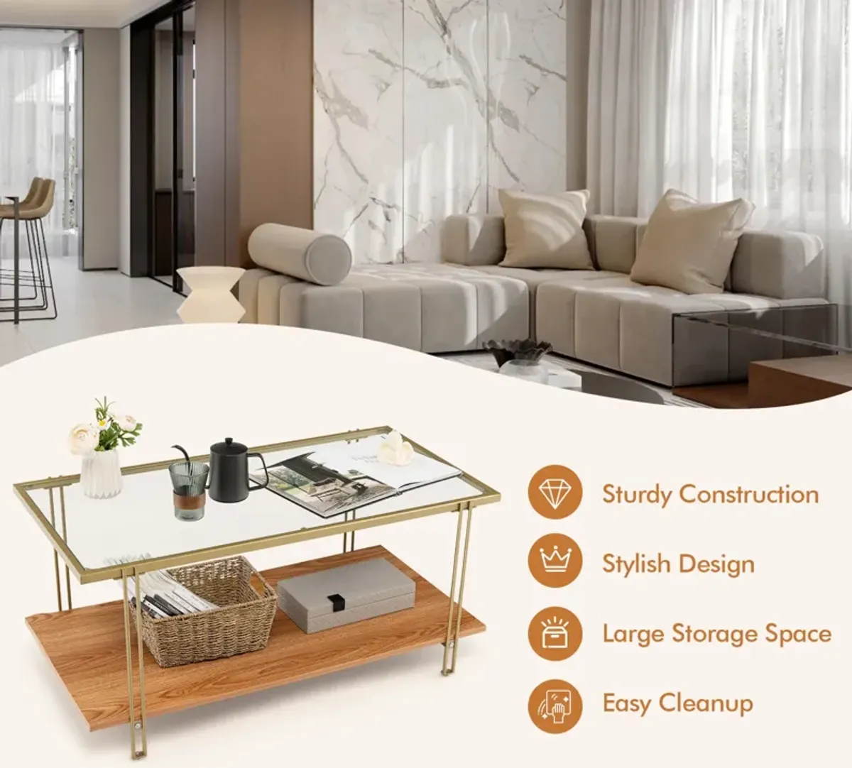 2 Tiers Rectangle Glass Coffee Table with White and Gold Steel Frame-Golden