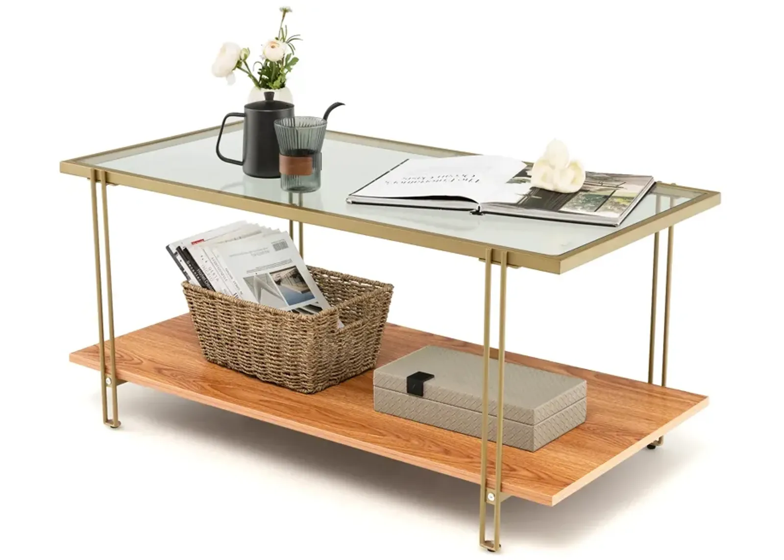 2 Tiers Rectangle Glass Coffee Table with White and Gold Steel Frame-Golden