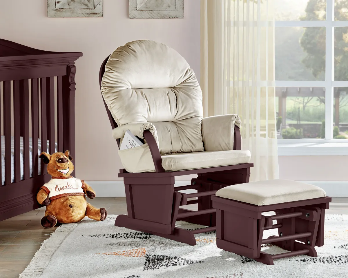 Madison Glider and Ottoman Espresso Wood and Beige Fabric