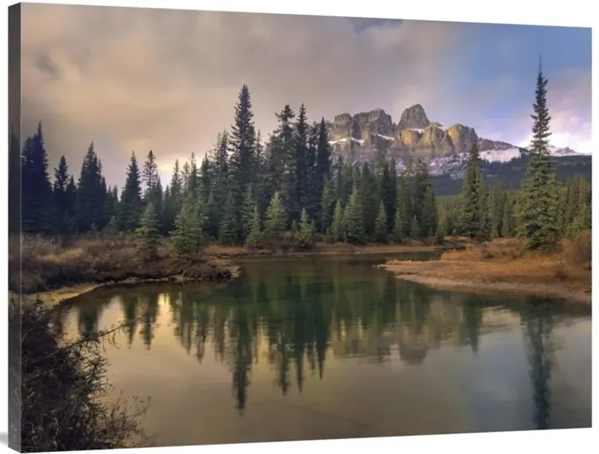 Castle Mountain and boreal forest reflected in lake, Alberta, Canada-Canvas Art-40x30
