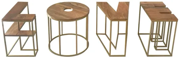 LOVE Alphabet Design 4pc Coffee Table Set, Brown Mango Wood Top, Antique Brass Base-Benzara