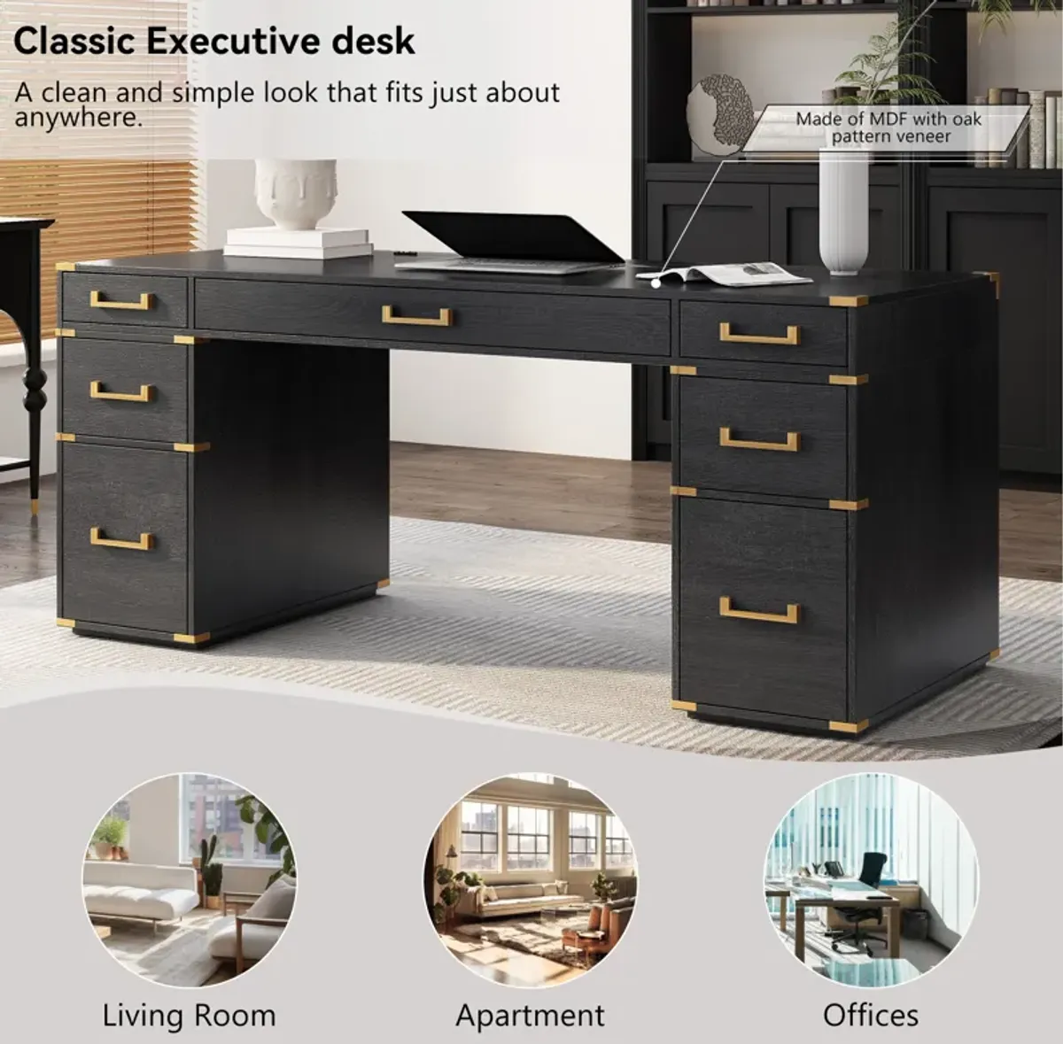 Merax 70"Classic Executive Desk with USB Ports