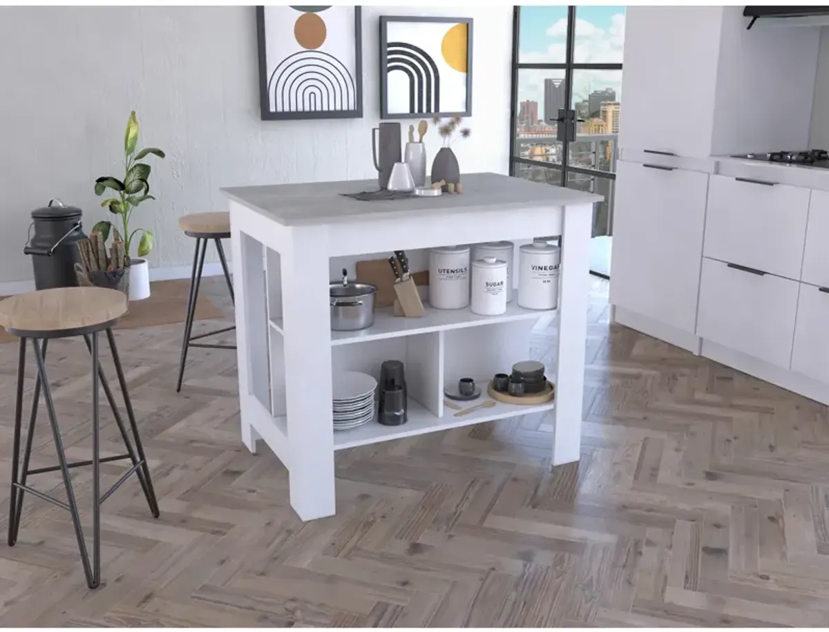 Cala Kitchen Island, Four Legs, Three Shelves - White Ibiza Marble