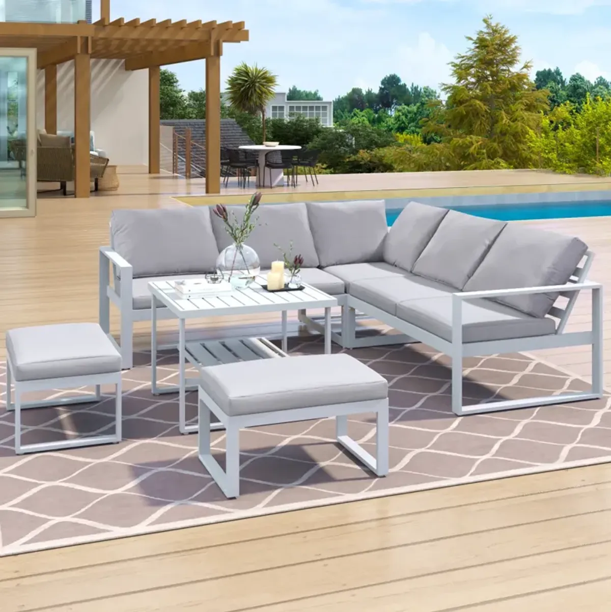 Industrial Style Outdoor Sofa Combination Set With 2 Love Sofa, 1 Single Sofa, 1 Table, 2 Bench