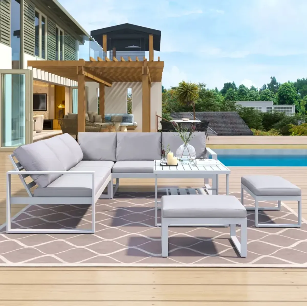 Industrial Style Outdoor Sofa Combination Set With 2 Love Sofa, 1 Single Sofa, 1 Table, 2 Bench