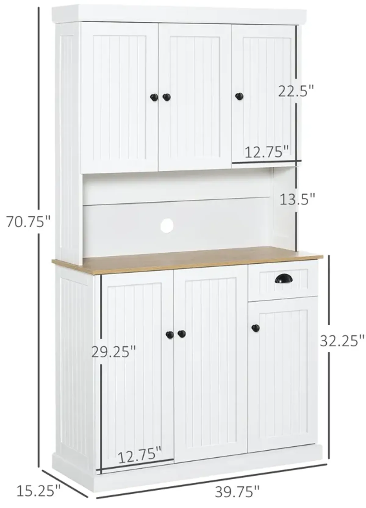 71" Kitchen Buffet with Hutch: Microwave Space, Storage, White