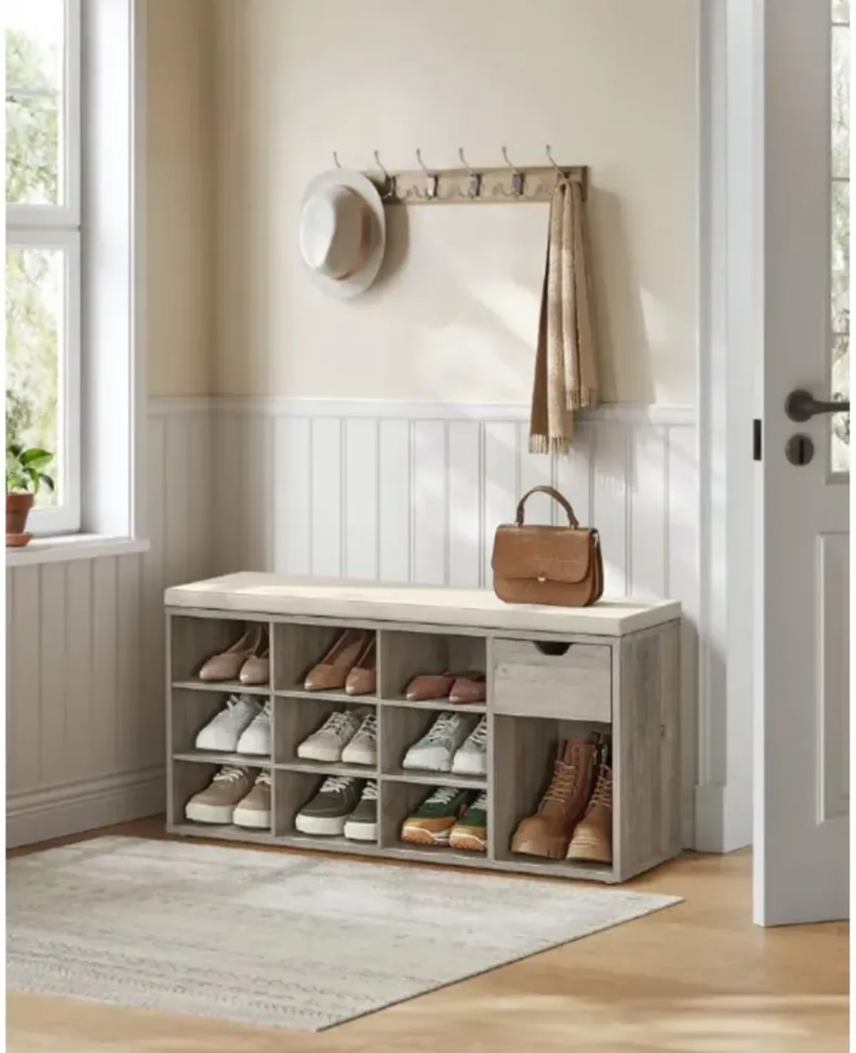 Storage Bench with Cushion for Entryway Organization and Comfortable Seating