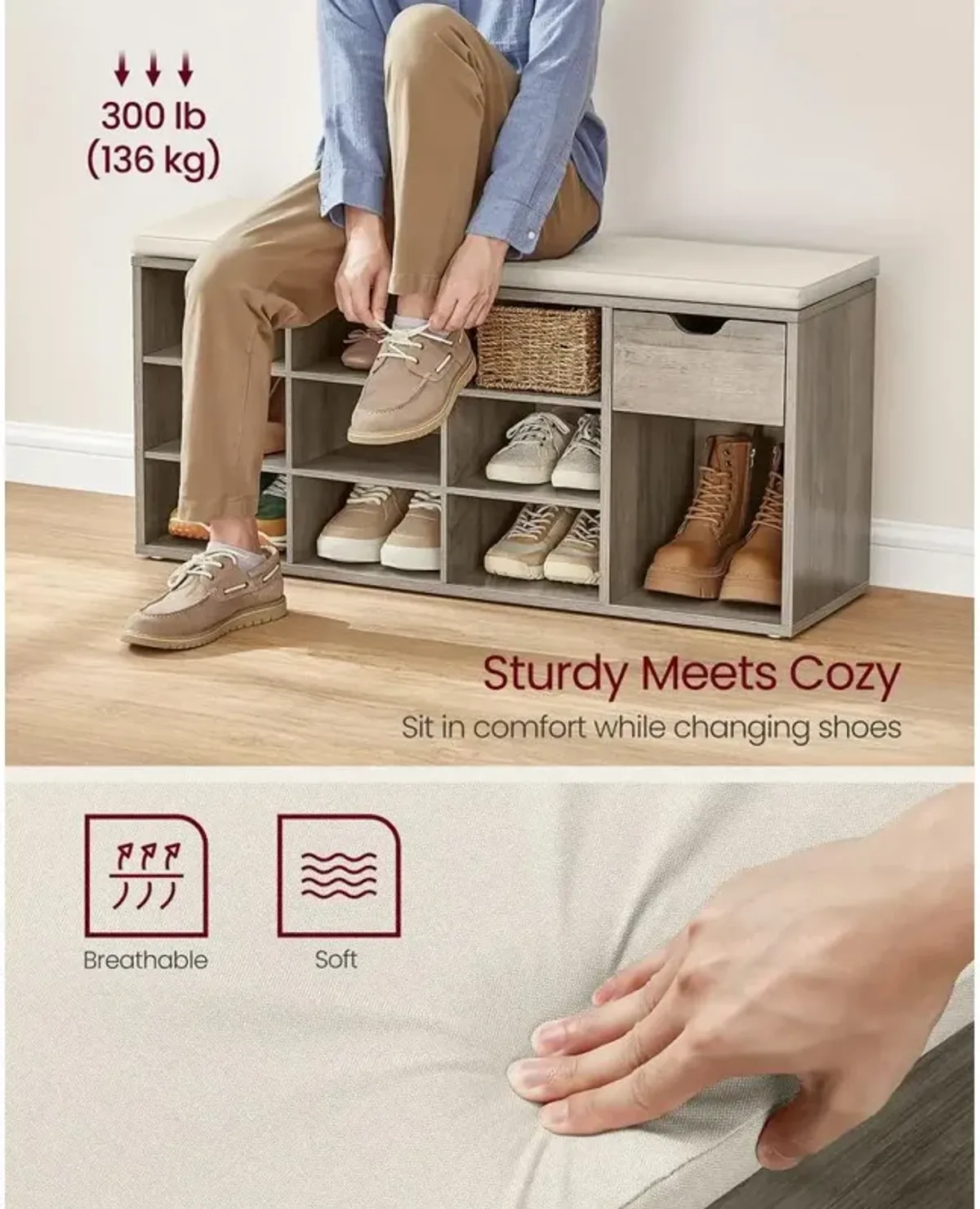 Storage Bench with Cushion for Entryway Organization and Comfortable Seating