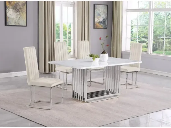 5pc Small(68") marble top dining set with silver base and 4 Cream side chairs