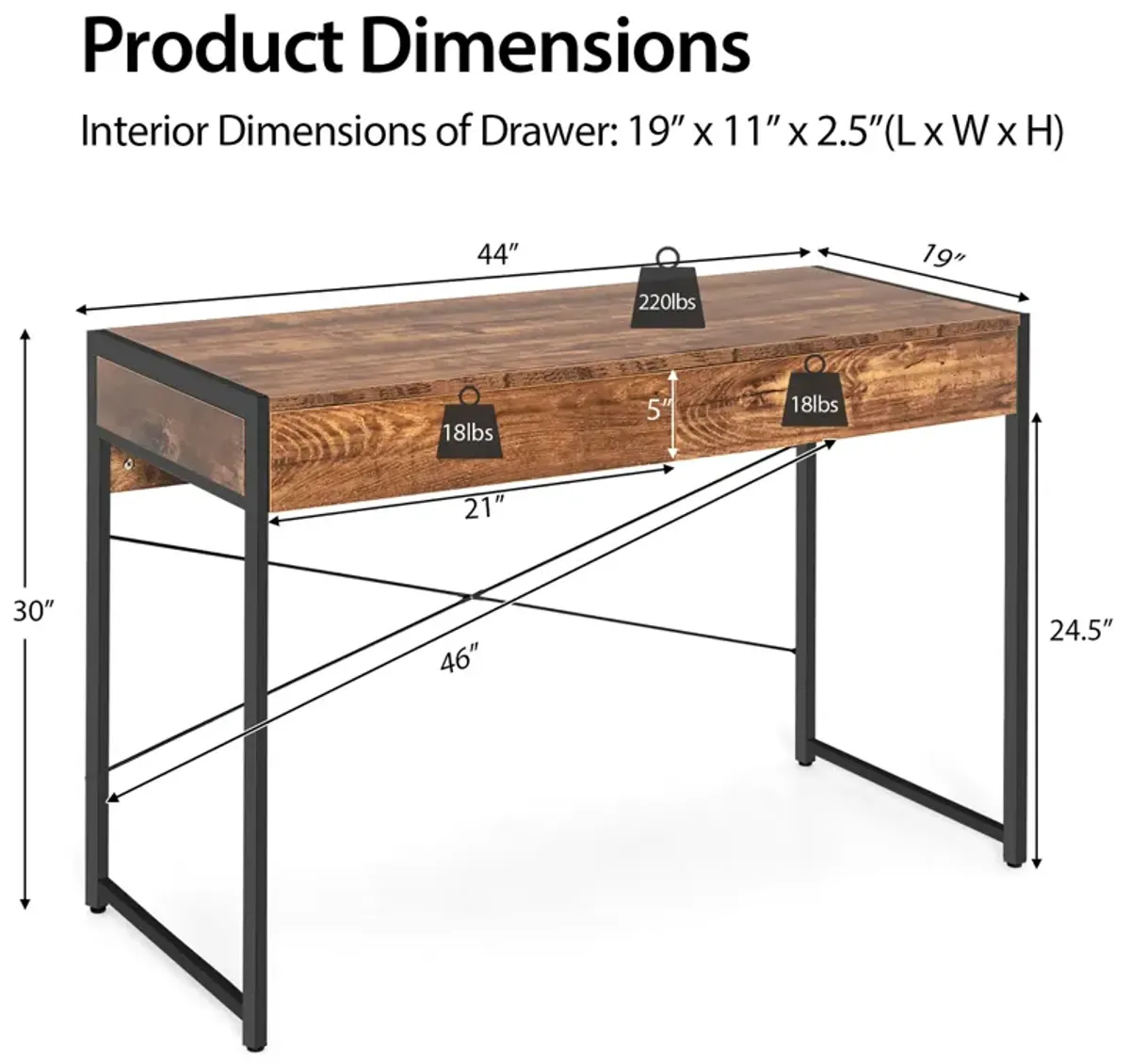 Costway Computer Desk Metal Frame Study Table Home Office Workstation w/2 Drawers Black