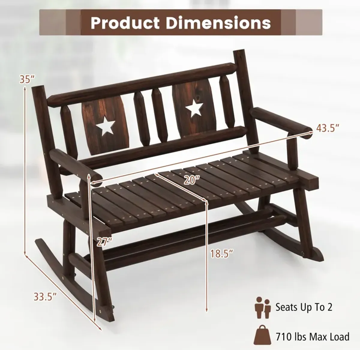 Patio Rocking Bench Double Rocker Chair with Ergonomic Seat 2-Person Loveseat