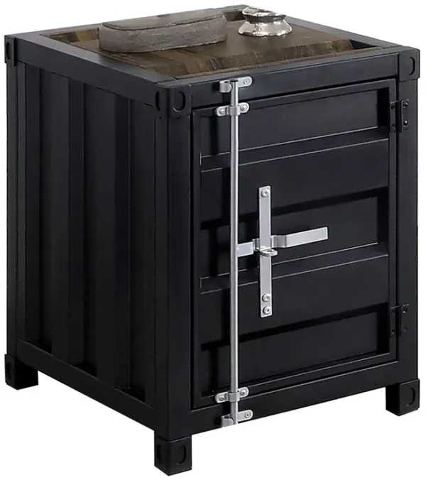 Industrial Style End Table with Sliding Door Storage, Black-Benzara