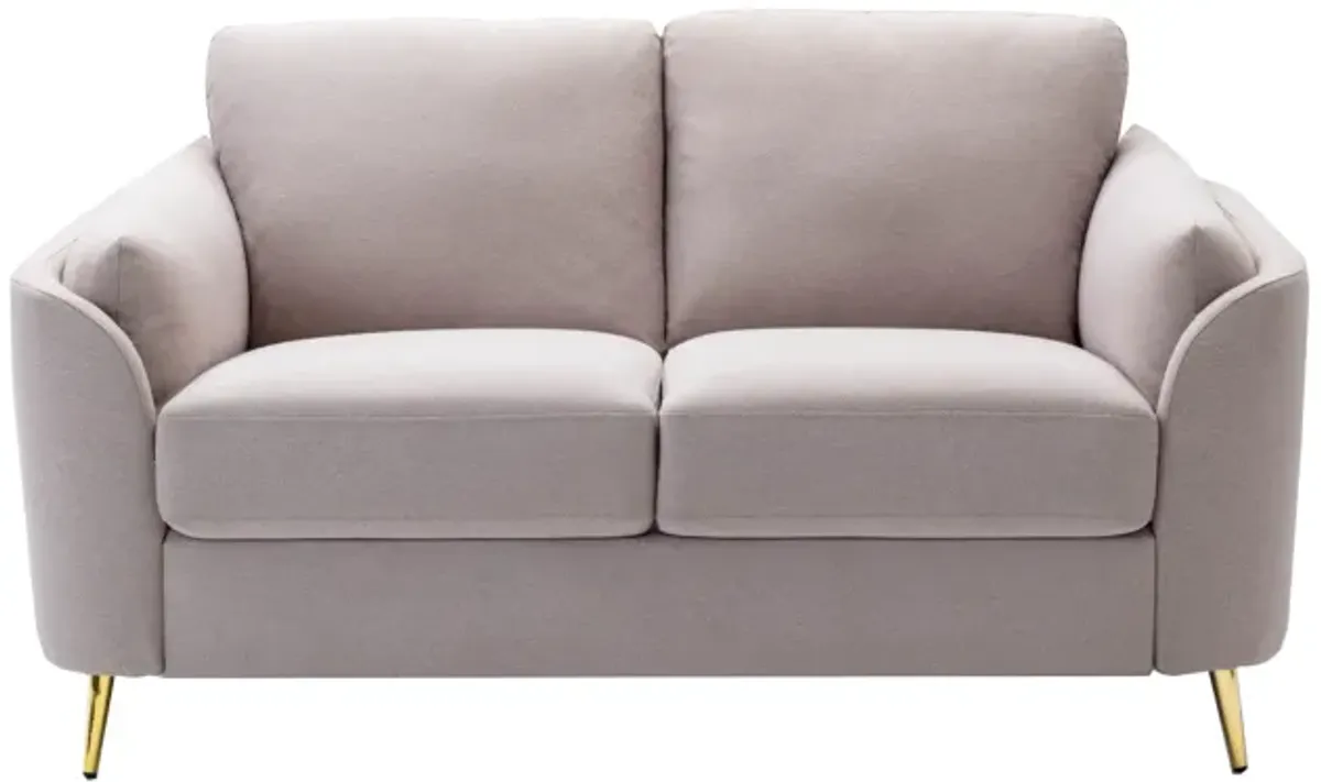 Jace 60 Inch Loveseat, Beige Polyester, Gold Metal Legs, Loose Pillow Back - Benzara